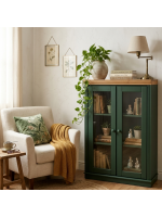 Estante de madeira com 1,19 m na cor verde e cera natural com duas portas de vidro / Coleção biblioteca